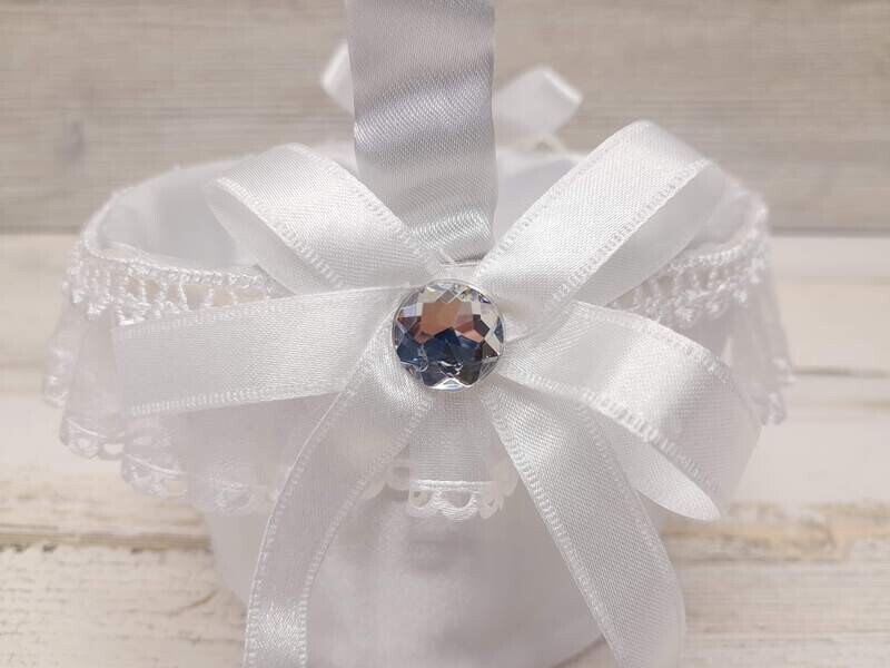 5&quot;x9&quot; Flower Girl Basket w/Lace/Gemstones White