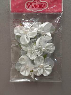 6pc Flower Picks w/Leaves/Pearls White