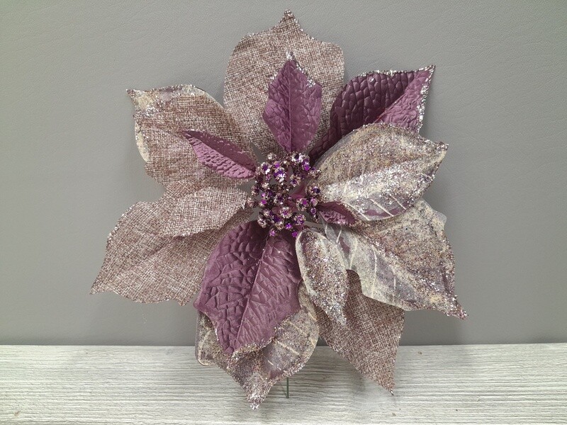 8&quot; Burlap Glitter Poinsettia Pick Purple (10&quot; Diameter)