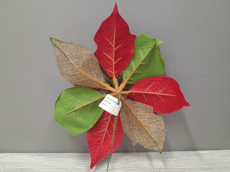 8&quot; Velvet/Burlap Glitter Poinsettia Pick Red/Green (10&quot; diameter)