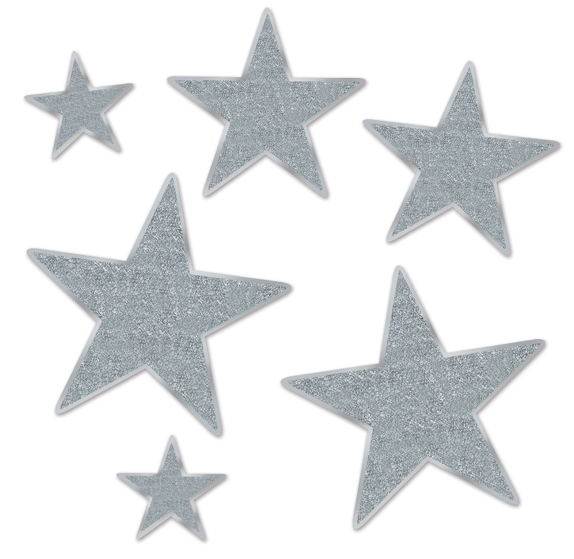 6pc 5&quot;, 9&quot;, 12&quot; Double Sided Glittered Foil Star Cutouts Silver