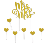 7pc 5&quot;x8.75&quot; Mr. &amp; Mrs. Cake Topper w/6 1.25&quot;x3.25&quot; Heart Picks Gold