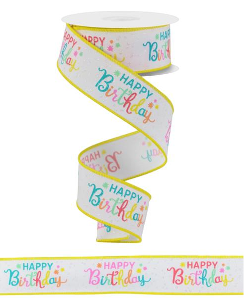 1.5x10yd Happy Birthday Ribbon White/Peach/Teal/Pink