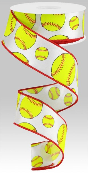 1.5&quot;x10yd Softball Ribbon Neon Yellow/Red/White