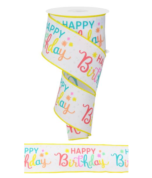 2.5&quot;x10yd Happy Birthday Ribbon White/Peach/Teal/Pink