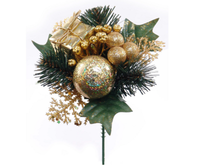 7&quot; Glitter Holly/Pine/Ball/Gift Box Pick Gold