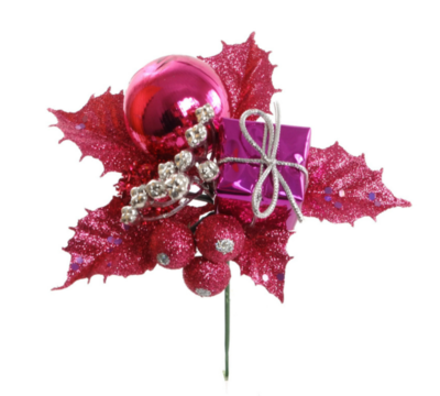 7&quot; Glitter Holly/Ball/Gift Box Pick Hot Pink