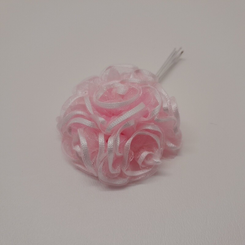 4&quot; Satin/Organza Flower Pick x6 w/1.5&quot; Head Pink