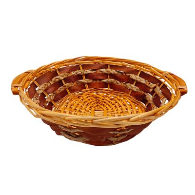 Double Handle Round Basket  Natural/Dk. Brown