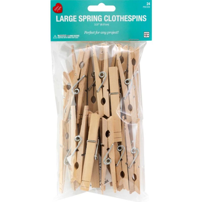 24pc 3.37&quot; Large Spring Clothespins Natural