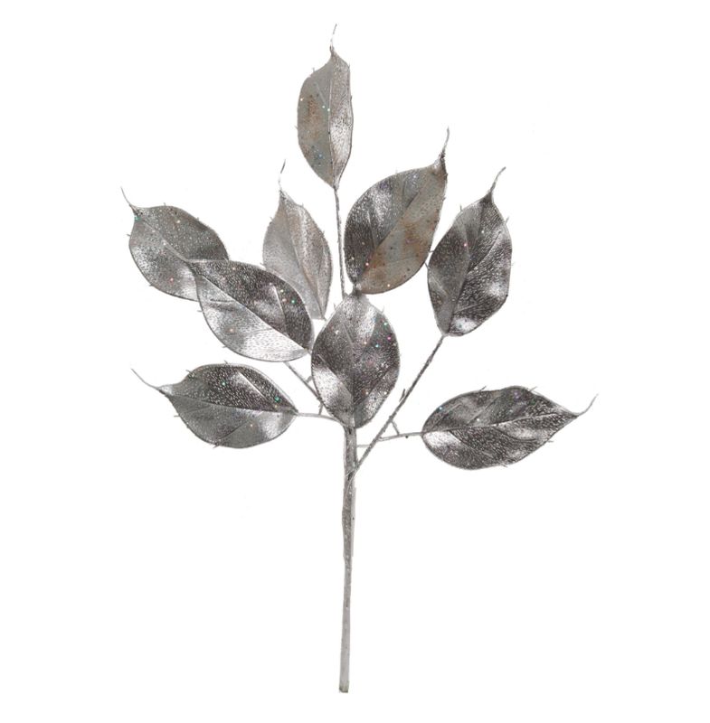 23&quot; Glitter Ficus Leaf Spray x3 w/9 Leaves Silver