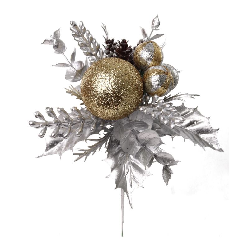 7.5&quot; Wheat Pick w/Pine Cones &amp; Glitter Ornament Balls Platinum