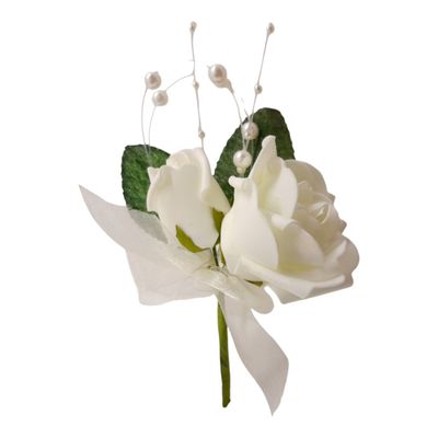 7&quot; Foam Rose Corsage Pick x2 w/Pearls Ivory