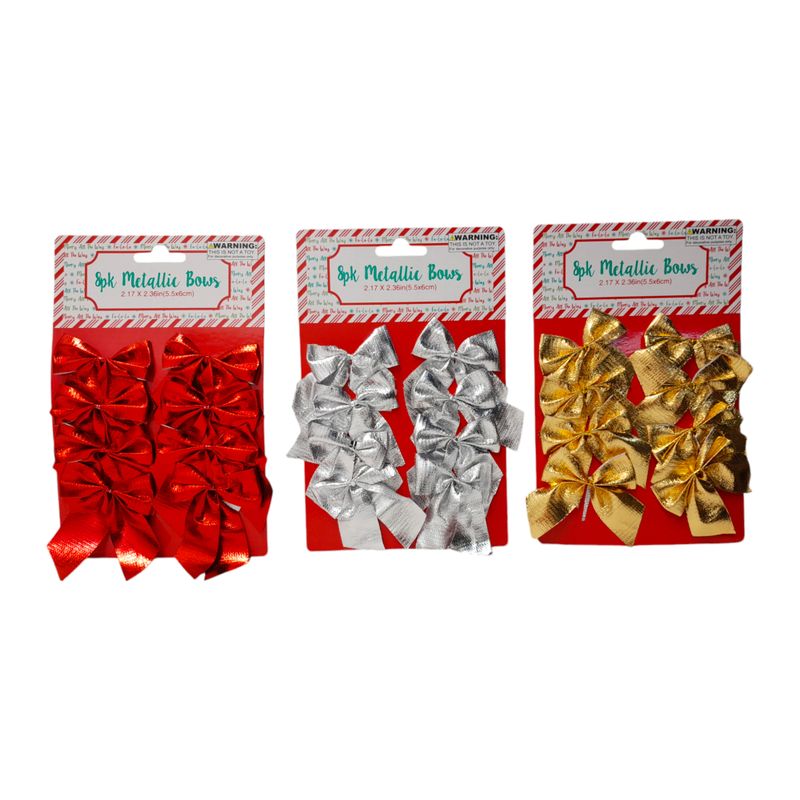 8pc 2.17&quot;x2.36&quot; Metallic Christmas Bows Assorted