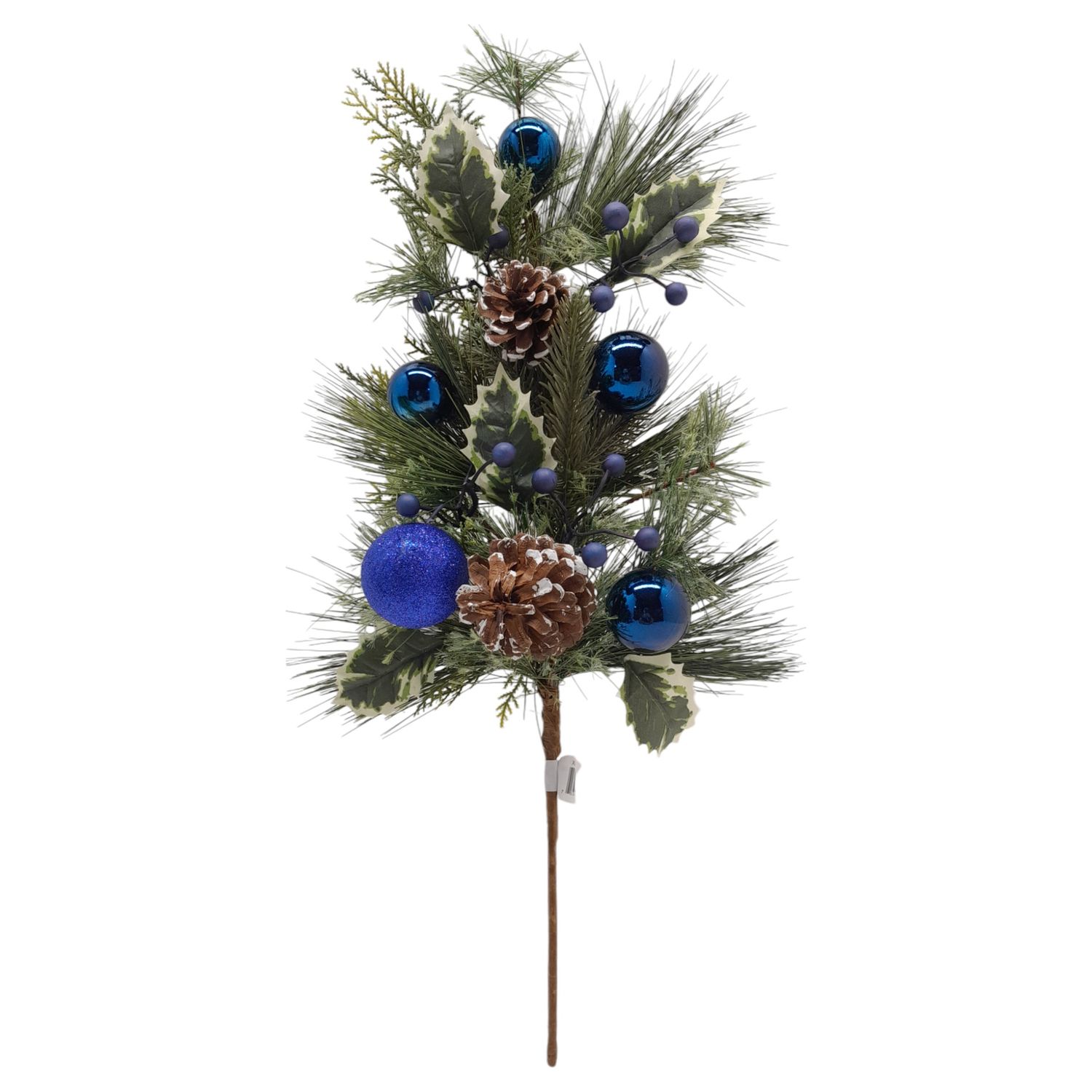 24&quot; Holly Berry Pine Spray w/Ornament Balls &amp; Pinecones Blue