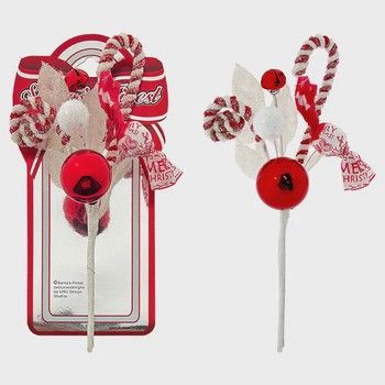 9.5&quot; Candy Cane Pick w/Ornament/Bell Red/White