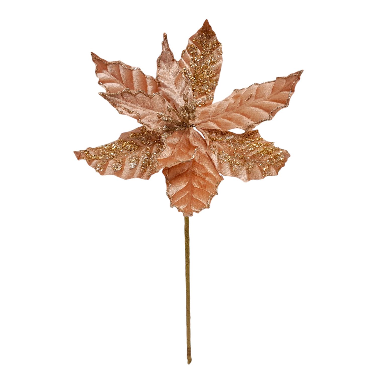 14&quot; Velvet Poinsettia Pick w/10&quot; Head Rose Gold