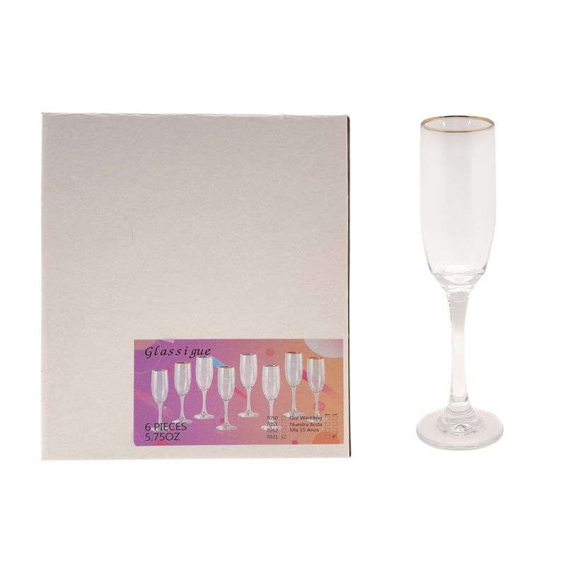 6pc 6oz 8.25&quot; Champagne Glass Clear w/Gold Brim