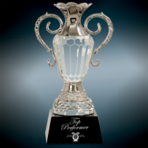 Crystal Cup with Silver Metal Handles on a Black Pedestal Base