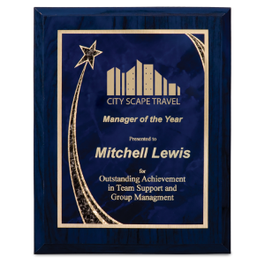 Blue Woodgrain Plaque with Blue Rising Star Plate