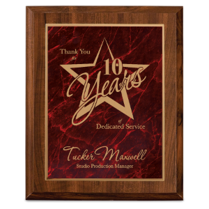 Walnut Finish Plaque with Red Marbleized Plate