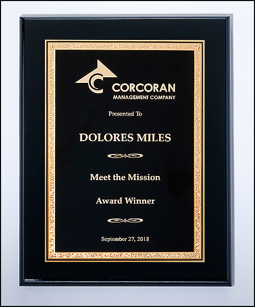 Black High Lustr plaque featuring a black and gold florentine engraving plate