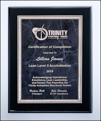Black High Lustr plaque featuring a gray marble plate with silver florentine border