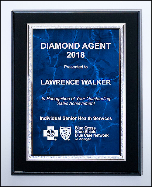 Black High Lustr plaque featuring a blue marble plate with silver florentine border