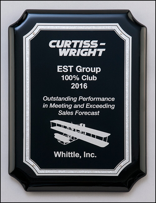 High gloss black stained plaque with silver florentine border plate