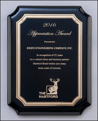 High gloss black stained plaque with gold florentine border plate