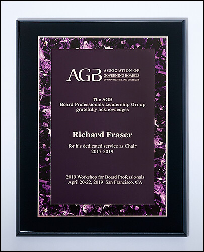 Black stained piano finish plaque with a black brass plate and gold braided design border