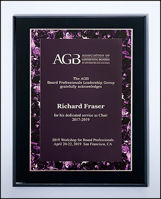Black stained piano finish plaque with a black brass plate and gold braided design border