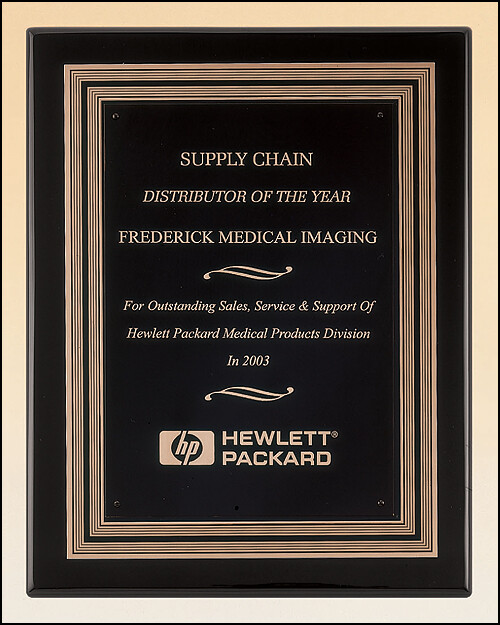 Black stained piano finish plaque with a black and gold embossed back plate and black brass engraving plate