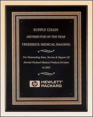 Black stained piano finish plaque with a black and gold embossed back plate and black brass engraving plate