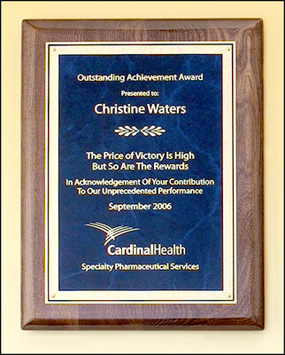 Walnut stained piano-finish plaque with sapphire marble center and florentine border engraving plate