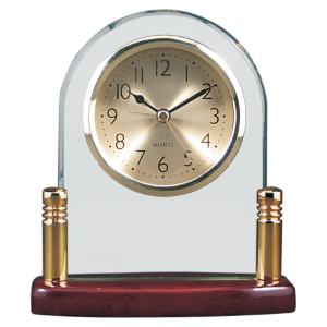 Arch Glass Clock with Posts &amp; Rosewood Finish Base