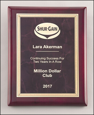 Ruby marble plate with gold florentine border on rosewood piano-finish plaque