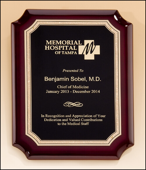 High gloss rosewood stained plaque with gold florentine border plate