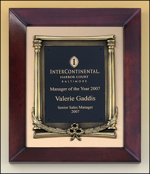 Cherry finish frame plaque with antique bronze finished frame on brushed metal gold background