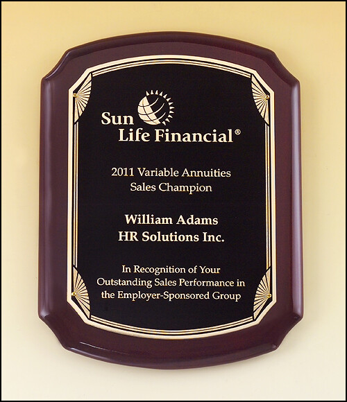 Sunburst corner design plate on rosewood stained piano-finished plaque