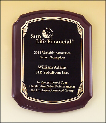 Sunburst corner design plate on rosewood stained piano-finished plaque
