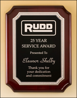 Silver florentine border with textured black center on rosewood piano-finish plaque