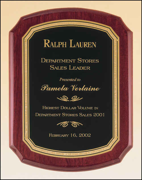 Rosewood stained piano finish plaque with a black textured center plate and florentine border