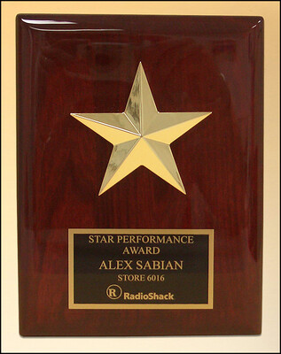 Star casting with gabled points goldtone finish on rosewood piano-finish plaque
