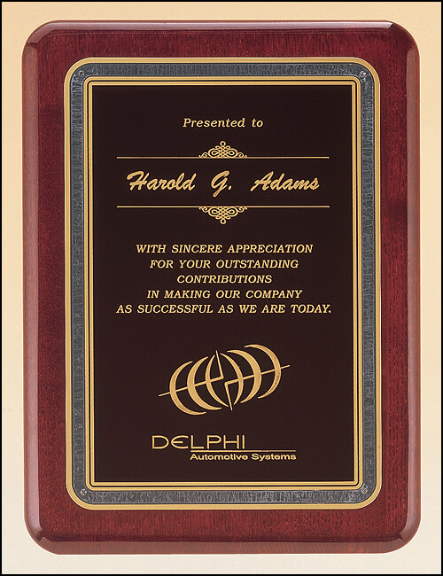 Rosewood stained piano finish plaque with black florentine border and black textured center