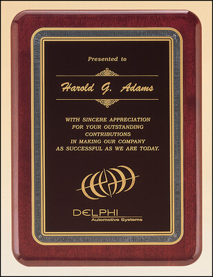 Rosewood stained piano finish plaque with black florentine border and black textured center