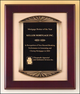 Rosewood stained piano finish frame with black brass engraving plate on brush gold metal background