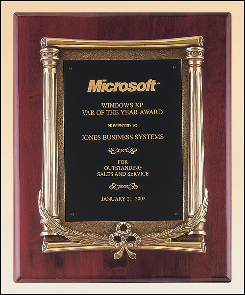 Rosewood or Black stained piano finish plaque with an antique bronze finished frame casting and black brass engraving plate