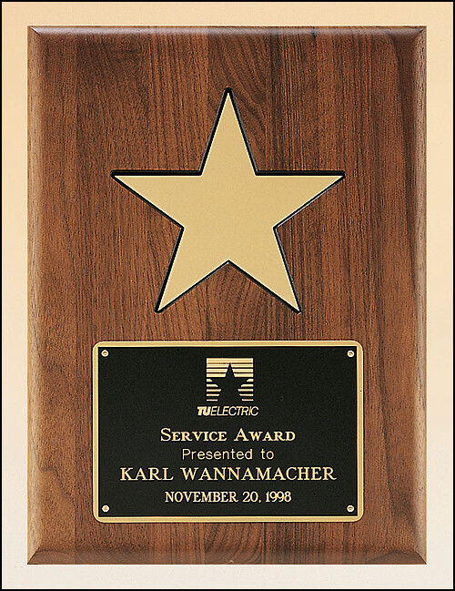 Solid American walnut plaque with black recessed area and gold aluminum star
