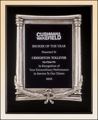 Black stained piano finish plaque with an antique silver finished frame casting and black aluminum engraving plate